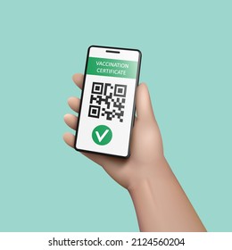 3d Hand mit einem Handy. Bescheinigung über die Impfung mit qr-Code auf dem Smartphone-Bildschirm. Mobile App Green Pass zur Steuerung COVID-19. Vektorgrafik