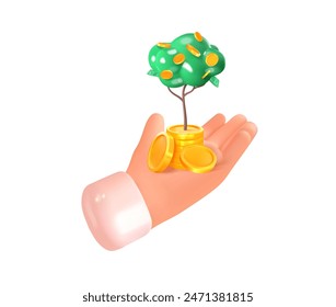 3d hand with money tree. Golden coins. Earnings, investments and income increase. Vector illustration