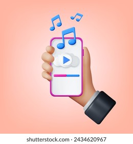 3D Hand with Music Cloud Note in Mobile Phone. Render Smartphone Streaming Music Platform Icon. Modern Music Service. Note Realistic Design. Musical Note, Sound Song or Noise Sign. Vector illustration