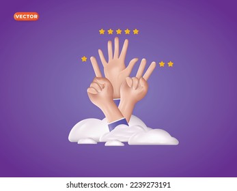3.ª palma de mano en la nube con 5 estrellas. Diseño 3d de palma de mano realista. Diseño de vectores de mano de concepto 3d.