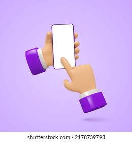 3d mano con el teléfono. Plantilla, parodia con pantalla en blanco. Ilustración vectorial.