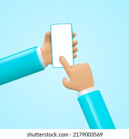 3d mano con el teléfono. Plantilla, parodia con pantalla en blanco. Ilustración vectorial.