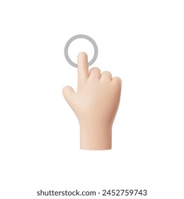 3D hand pointing gesture icon. Touch or click cursor, select tap screen, choose button. Vector index finger press or push on digital circle isolated on white. Social media ui interface