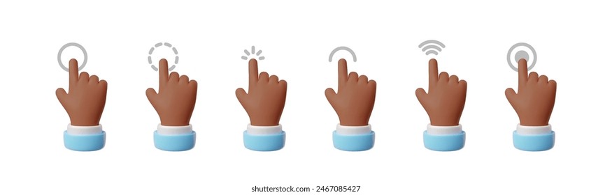 3D hand pointing gesture icons set. Touch or click cursor, tap screen, choose button. Vector pointing forefinger arm with blue sleeve, collection isolated on white. Social media interface