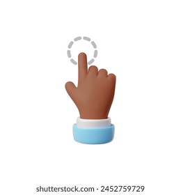 3D hand pointing gesture on digital dotted circle icon. Touch or click cursor, select tap screen, choose button. Vector afro forefinger press or push isolated on white. Social media ui interface