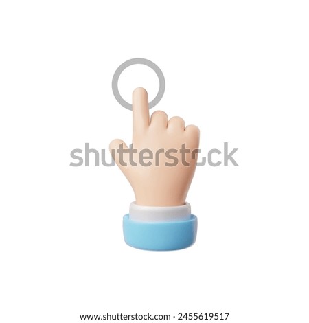 3D hand pointing gesture on digital round icon. Touch or click cursor, select tap screen. Vector index finger arm with blue sleeve press or push button isolated on white. UI user interface