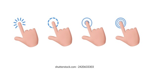 3D hand pointing icon design. Pointing gesture, tap screen, choose button. 3d rendering. Vector illustration