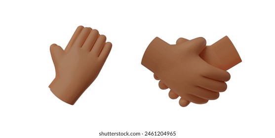 3D hand pray and handshake icon set. Partnership, greetings and prayer hope or worship. Vector cartoon render illustration of afro human arm gesture isolated on white background