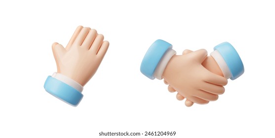 3D hand pray and handshake icon set. Partnership, greetings and prayer hope human arm gesture with blue sleeves. Vector cartoon render illustration isolated on white background