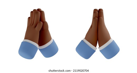 3d hand pray icon. Prayer vector cartoon dark skin arm render. Hope gesture, diversity. Realistic illustration for social media