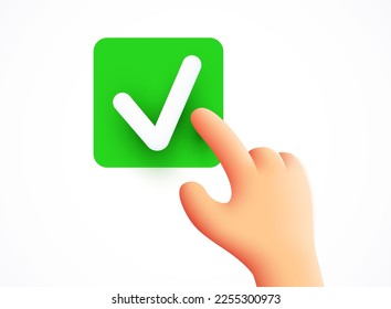 3d Hand pressing the ok button. Correct answer. Vector illustration