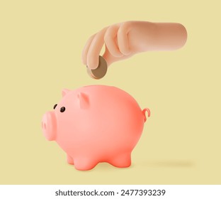 3d Hand Putting Coin a Piggy Bank Financial and Banking Services Concept Cartoon Design Style. Vector illustration of Safe Finance Investment