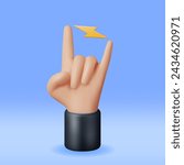 3D Hand Rock Gesture Symbol Isolated. Render Rock n Roll Music Hand Emoji. Rocker Cartoon Hand Showing Horns Sign. Music Icon Concept. Vector Illustration