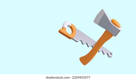 3D hand saw and ax in cartoon style. Woodcutter, carpenter, tourist tools. Home equipment. Advertisement of master services. Vector concept on colored background
