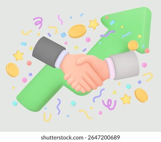 3d Hand Shake Symbol Cartoon Charakter Handshake . Business-Konzept der Partnerschaft Dollar Coin Stock-Chart, dass aufsteigt Vector