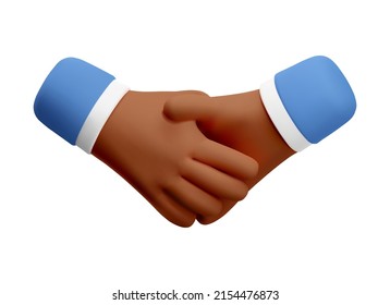 3d hand shake icon gesture. Vector cartoon black skinned handshake clip art. Realistic render deal illustration for social media