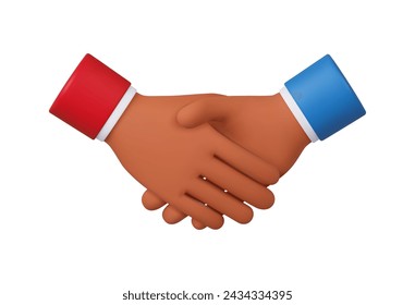 3d hand shake icon gesture. Cartoon character handshake. Business concept of partnership, cooperation, successful deal. 3d rendering. Vector illustration