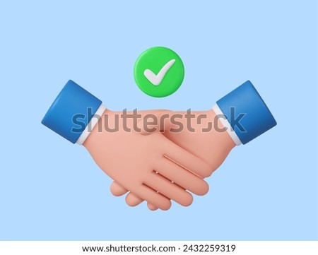 3d hand shake icon gesture. Cartoon character handshake . Business concept of partnership, cooperation, successful deal. 3d rendering. Vector illustration