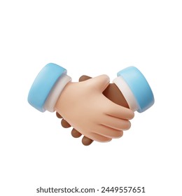 3D hand shake icon. Unity diverse partnership human arm gesture with blue sleeves. Vector cartoon render illustration isolated on white. Agreement and successful deal, business meeting, greetings