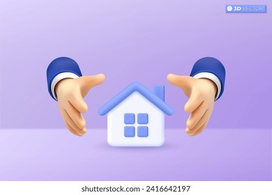 3d hand shielding protect house icon symbol. Insurance home policy service, protection from danger, providing security concept, 3D vector isolated illustration. Cartoon pastel Minimal style.