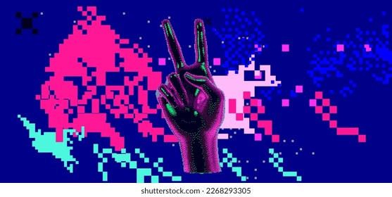 3D hand showing the peace gesture in pixel art style on a glitched background.