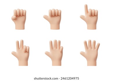 3D hand shows fingers counting from one to five. Cartoon counting hands gesture numbers. Palms with raised fingers arithmetic icons set isolated on white background