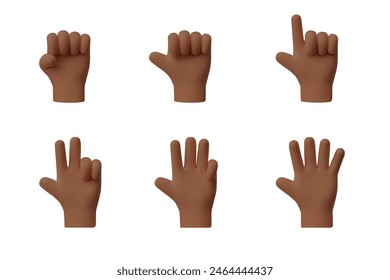 3D hand shows fingers counting from one to five. Cartoon set of counting hands gesture numbers isolated on white background. Palms with raised fingers arithmetic icons