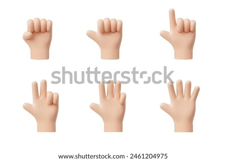 3D hand shows fingers counting from one to five. Cartoon counting hands gesture numbers. Palms with raised fingers arithmetic icons set isolated on white background