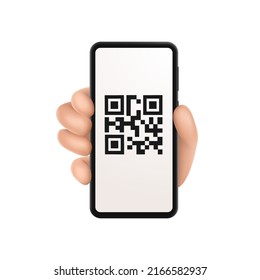 3d hand with smartphone scans QR code. Vector illustration