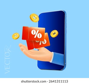 3d hand from a smartphone with vouchers or coupons, golden coins, isolated on background. 3d purchase with discount icon in vector
