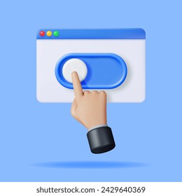 3D Hand and Switch Button in Browser Isolated. Render Hyman hand Index Finger and Button for Various Actions. Web Arrow. Cursor Click Symbol. Corrector, Finding and Direction. Vector Illustration