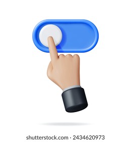 3D Hand and Switch Button Isolated on White. Render Hyman hand Index Finger and Button for Various Actions. Web Arrow. Cursor Click Symbol. Corrector, Finding and Direction. Vector Illustration