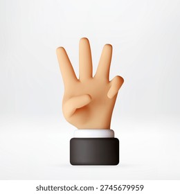 3D Hand with three fingers up and closed fist. Count three with cartoon human finger gesture. Communication sign, 3d vector stock. Vector illustration