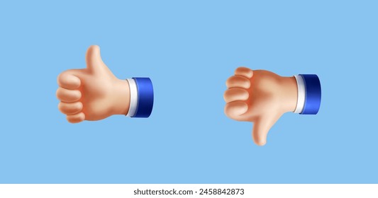 3D hand with thumb up and down gesture. Cartoon like dislike icons for social network Rating sign Vector 3d illustration