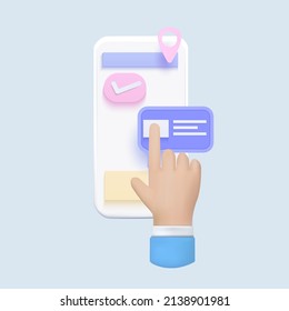 3d Hand touch with mobile smartphone in shop app. Online shopping concept. vector illustration.