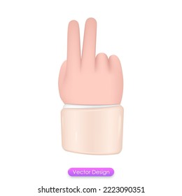 3D hand Two fingers up icon isolated on white background. Realistic 3d hand cartoon style design for mobile app, web page template. 3D vector illustration. Peace no war, World peace day illustration.