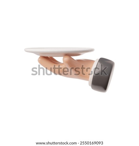 3d hand of a waiter in an elegant suit who holds a plate on a white background. An elegant figure with catering utensils is highlighted on a white background.