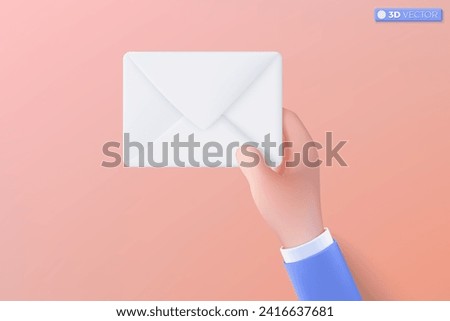 3d hand and whilte mail envelope icon symbol. Render email notification with letters, lay off, be fired from the company, donate concept. 3D vector isolated illustration, Cartoon pastel Minimal style.