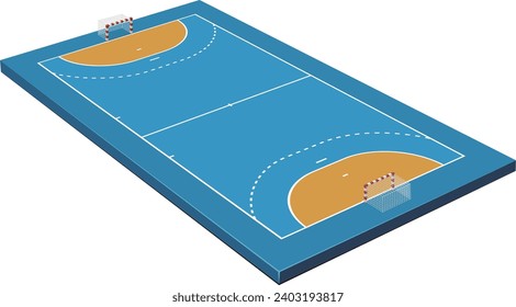 cancha de balonmano 3D con sus marcas de tierra y goles aislados en un fondo blanco