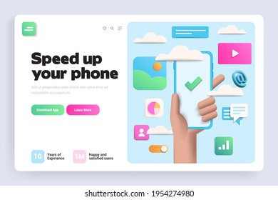 3D Handhold phone mobile app development, application building, app testing, UI-UX and web design. Landing page design template. 3d Vector illustration