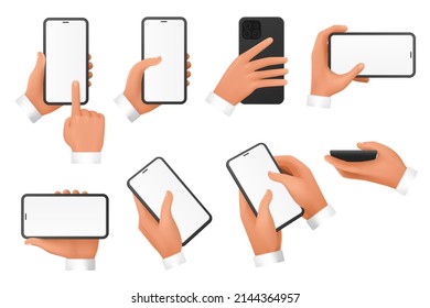 3d Hands Of Businessman Hold Mobile Phone With Empty Blank Screen Set Vector Illustration. Arms Use Smartphones With Different Positions, Scroll, Swipe, Touch Device With Finger Isolated On White