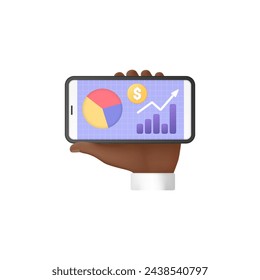 3D hands of businessman holding phone with mobile application for business analysis, graphs and charts on screen vector illustration