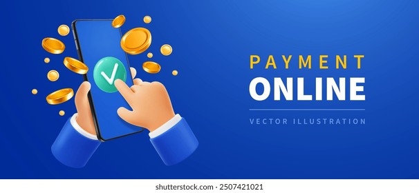 3d Hands of businessman holds mobile phone and touch on green check mark, golden coins flies around. Online payment, transfer, Cash back, Money saving. Conceptual banner template. Vector illustration