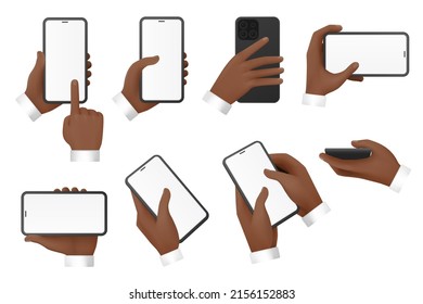 3d hands of businessman use mobile phone with empty blank screen set vector illustration. Arms of man hold smartphones, click and show presentation on display of modern gadget isolated on white