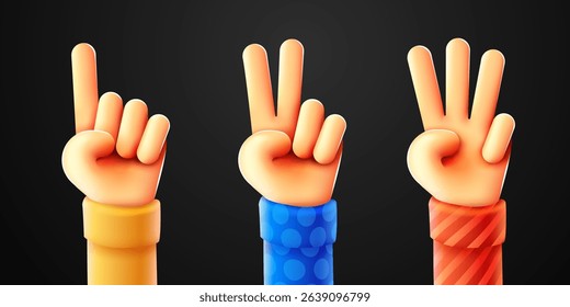 3D Hands counting One Two Three. 1, 2, 3. Vector illustration