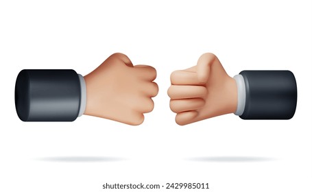 3D Hands Fists in Conflict Isolated on White Background. Render Hand Fist Bump Gesture Symbol. Protest of Strength or Power. Revolution and Protest Sign. Cartoon Vector Illustration