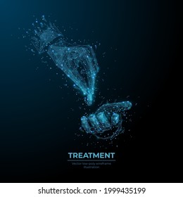 3d hands giving and receiving pills in dark blue. Abstract vector wireframe. Treatment, medicine, pharmacy, healthcare concept. Digital low poly mesh consists of dots, lines, stars, shapes and debris
