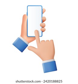 3d Hands hold blank smart phone icon. Cartoon character with mobile device.