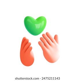 Las manos 3d sostienen o dan el corazón verde. Icono de corazón de brazo y mosca. Donación de conceptos, amor, salud, caridad, ayuda, seguro. Voluntariado.Ilustración vectorial 3d