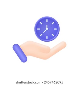 Manos 3D sosteniendo el icono del reloj. Autoorganización, Gestión del tiempo, tiempo establecido, calendario, concepto de planificación del día. Vector moderno y moderno en estilo 3D